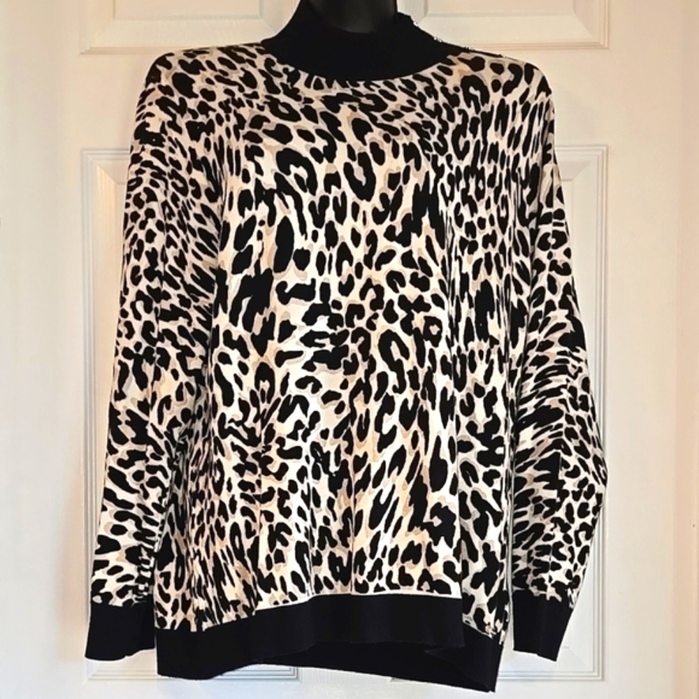 Calvin Klein Tan Black Leopard Print Sweater Decorative Gold Buttons Size XL